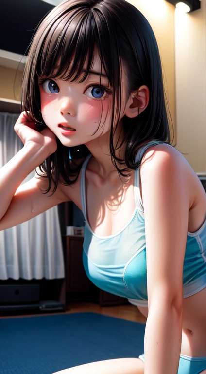 High resolution, Highest quality, super high quality, Very detailed, Cinema Lighting、living room、Swimwear、、Embarrassing、Sweaty、Sweat、Eyes from below、Girl seen from the floor、Low Angle、 See through、
