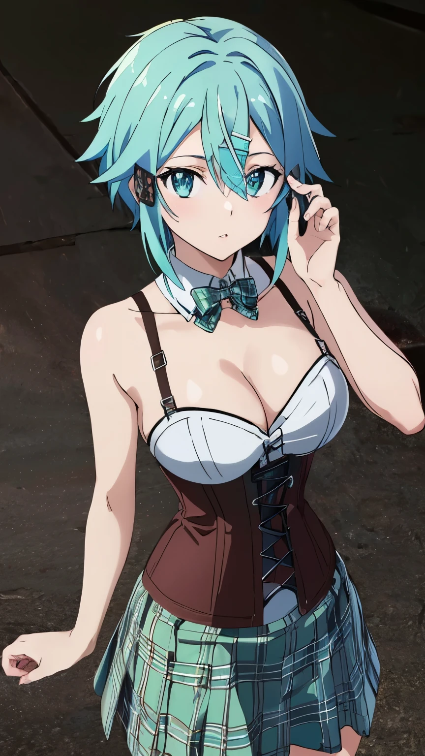 (Top Quality, Masterpiece, 8k:1.2), Ultra Detailed, High Resolution, (Anime:1.3), 1 Girl, Solo, EPsoaSinon, Short Hair, Light Blue Hair, Detailed Jewel Eyes, Hair Between Eyes, (Hair Accessory:1.2), Hair Clip, Side Locks, ((corset,plaid skirt,)), dynamic Angle, Cowboy Shot,looking at viewer,