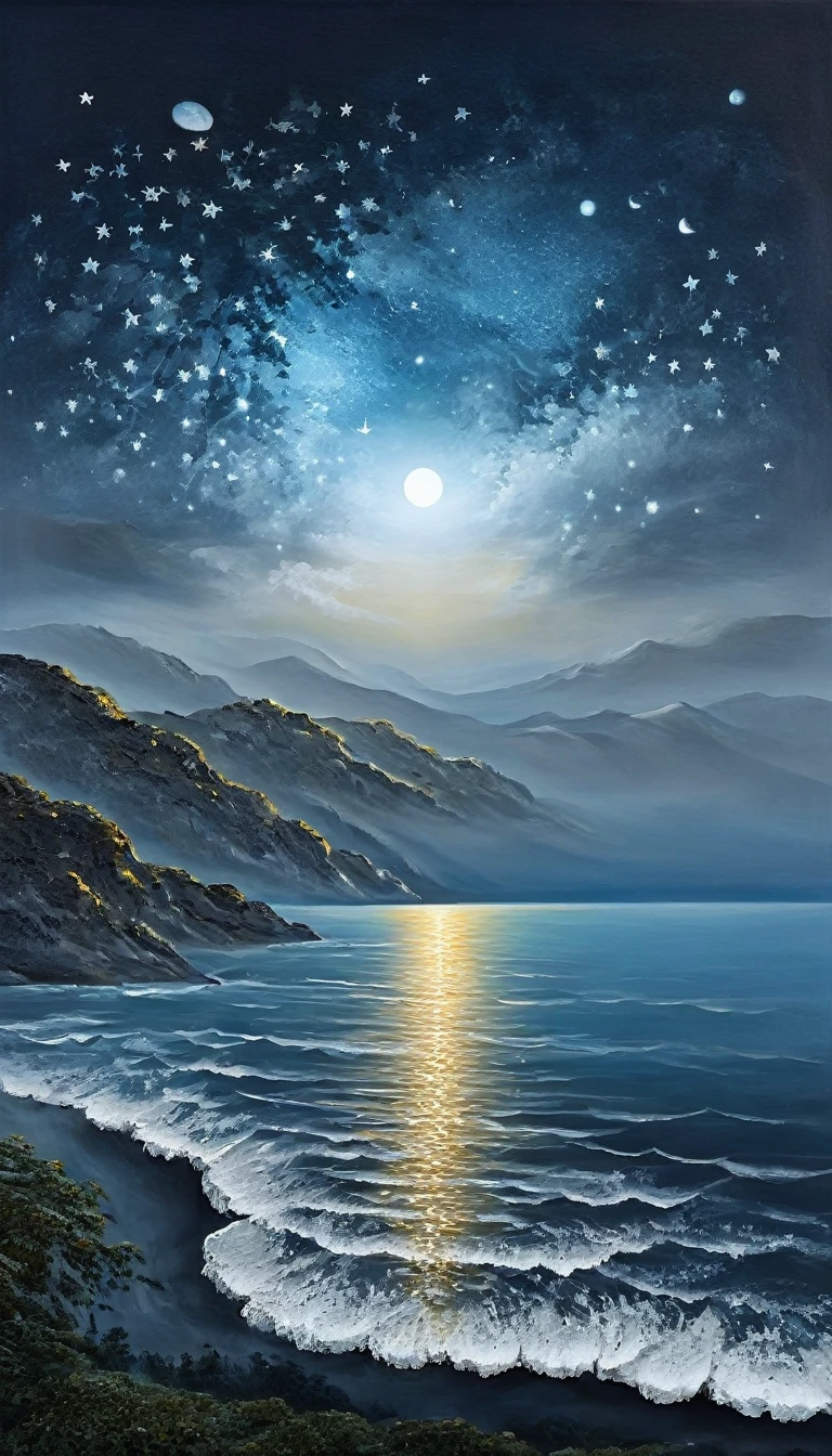 best quality,4k,8k,highres,masterpiece:1.2),ultra-detailed,(realistic,photorealistic,photo-realistic:1.37),star-filled night sky,moonlit landscape,shimmering stars,tranquil atmosphere,dense clusters of stars,nighttime serenity,dreamlike surroundings,majestic celestial display,ethereal moonlight,serene and peaceful scene,enchanting nightscape,dark mysterious colors,soft moonlight casting gentle shadows,sparkling constellations,vivid colors reflecting off the sky,mesmerizing beauty of the night sky,luminous celestial bodies,pure fascination with the universe,awe-inspiring night-time vista,calm and serene night,glowing moonlight adding a touch of magic hyper datailed