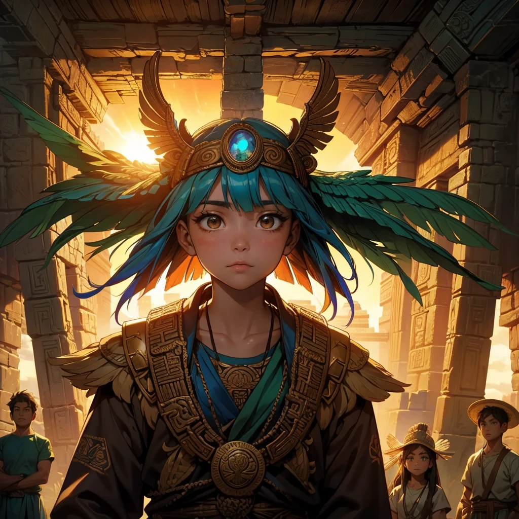 Childish, high quality、Very detailed、8Year、Mayan Aztec young priestess、Flying Feathered Serpent(Quetzalcoatl Kukulkan)look up at the sky and pray、Chichen Itza Forest Temple of the Sun、mysterious、