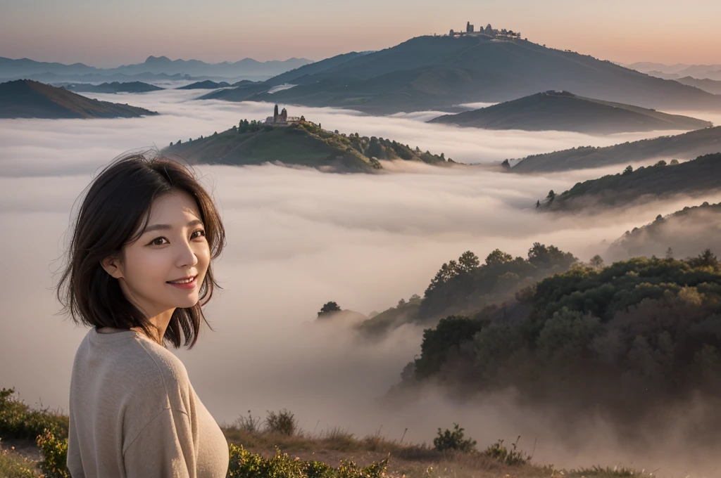 portrait、8k、high quality、realistic photo image、49 year old Korean woman, a chaste woman, Wrinkles around the eyes, Slender and beautiful woman, Reproduce natural and realistic eyes、beautiful black hair, short medium hair、mild anger、Composition of the Golden Ratio、laugh、High-end luxury brand long-sleeved t-shirt 、italian countryside dawn, smother, Endless vineyard, standing on a foggy hill, A cathedral can be seen far away in the fog.. 1 woman, beige casual pants, Canon 16-35 wide angle lens shot, 1 woman