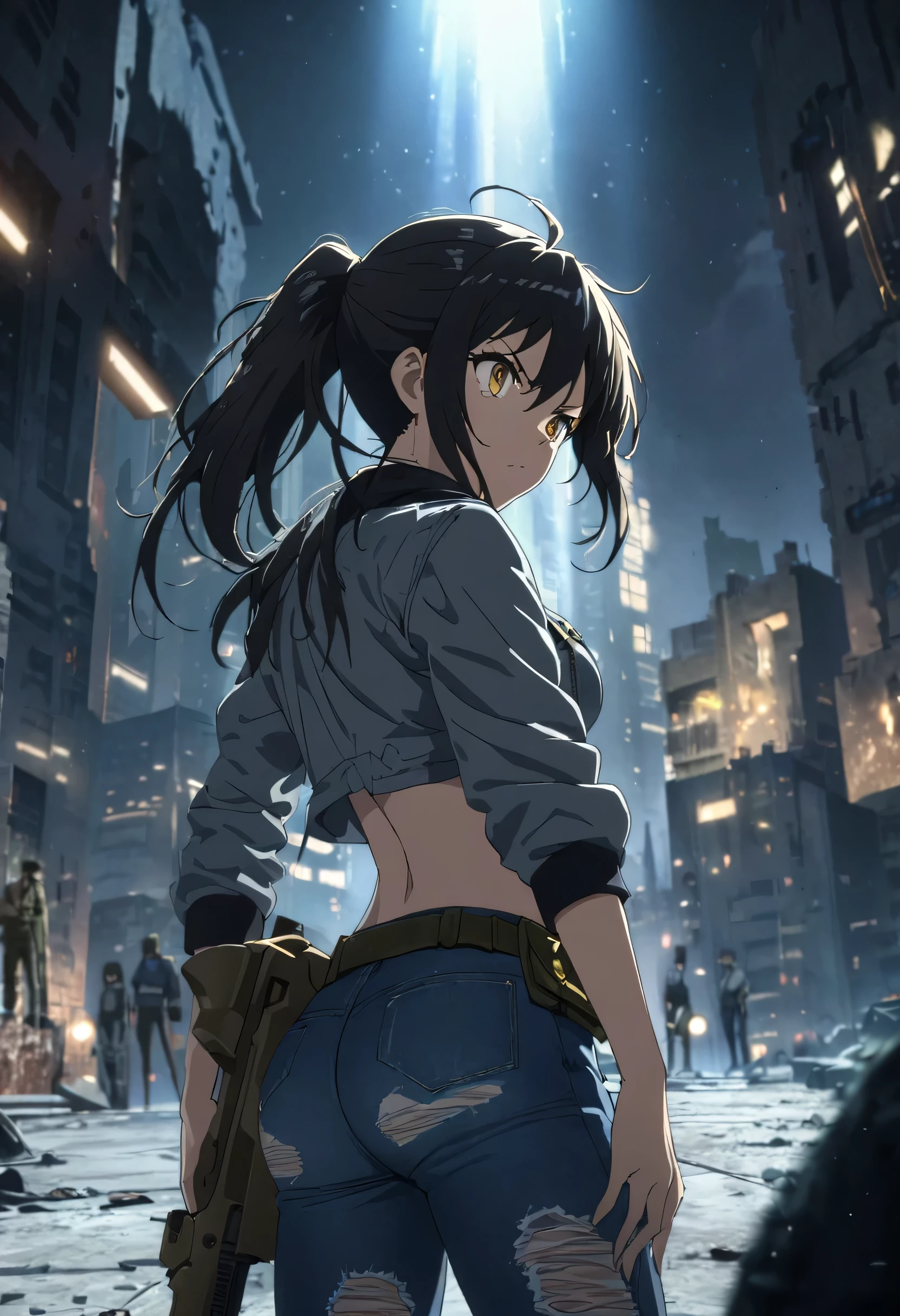 a girl, worn flight jacket, ripped jeans, determined, serious expression, standing, looking away, looking to the left, ponytail, messy hair, black hair, golden eyes, big eyes, slant eyes, Salute with the right hand, beautiful , beautiful ass, toned body, long boots, waist pouch, Scene of Tension, outside, Rooftop, in the ruined city, with a starry sky, at night, dark atmosphere, in a dark and gloomy world, anime, 2d anime, hard-edged, soft surface, closeup shot, from behind, ground-level shot, golden triangle, sharpen, bloom, backlighting, in focus with blurred background, best quality, high quality, detailed, ultra detailed, hyper detailed, insanely detailed, exquisite, beautiful, Full-HD, 16K, highres, absurdres, woman, holding a pistol, 1thumb and 4 fingers,Perfect Hand Style, 