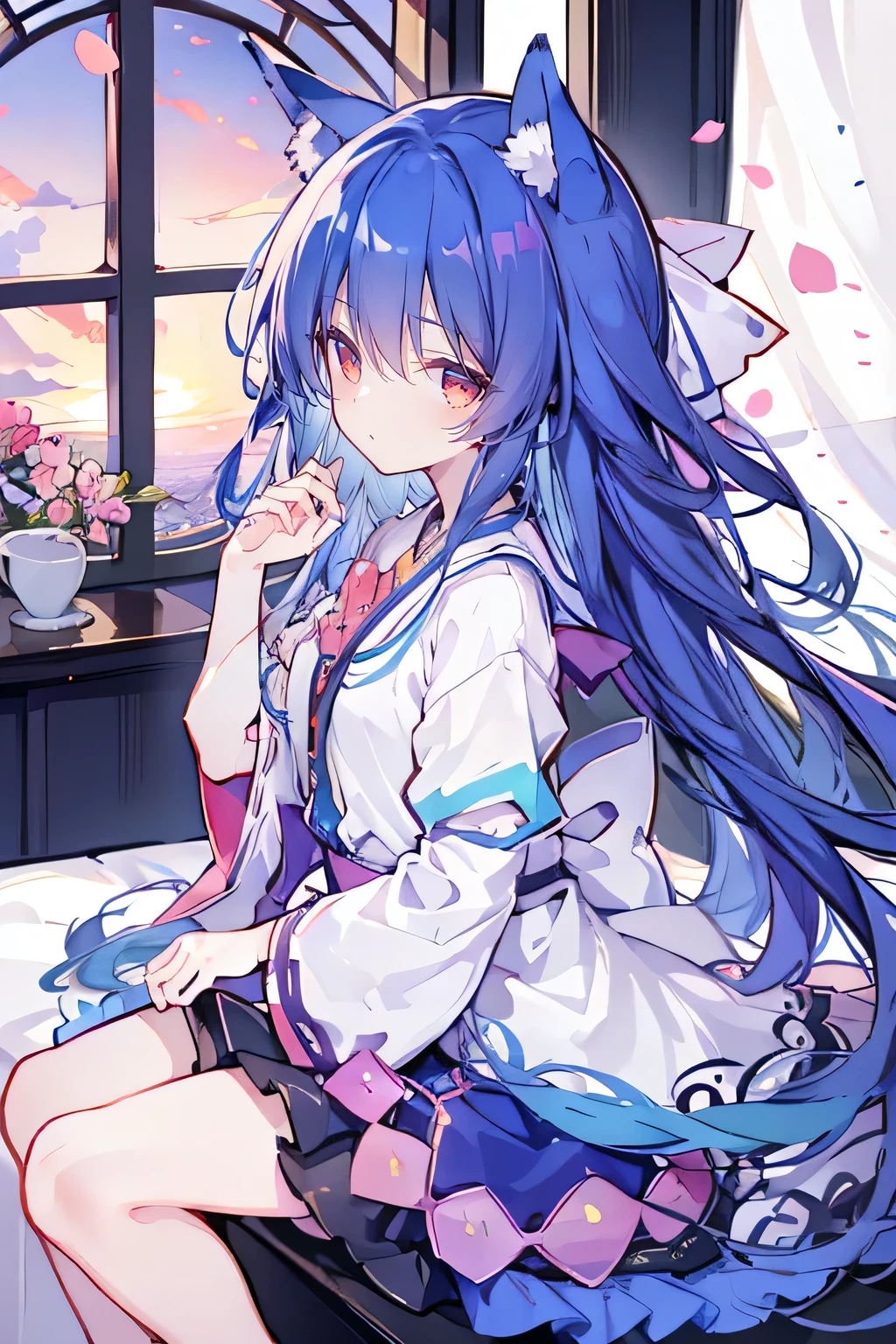 (masterpiece:1.2),Super detailed,lifelike,Expressive eyes,fair skin,perfect face shape,1 girl,
Japanese comics,Gorgeous blue hair,flowing blue hair,flowing clothes,Cat ears,Petals fall,beautiful lola,Baby Angel,
Shaking head with one hand,Cross your legs,,The pavilion is cool and comfortable,smile,back views,sunrise,Petals fall,sunrise,sitting on window sill drinking coffee and looking out the window,Ribbon trimming,Ribbon trimming sleeves,Long sleeve,skirt,Red Eye,独奏,Japanese clothes,Sky,Fox ears,Fox Tail,Fox Girl,