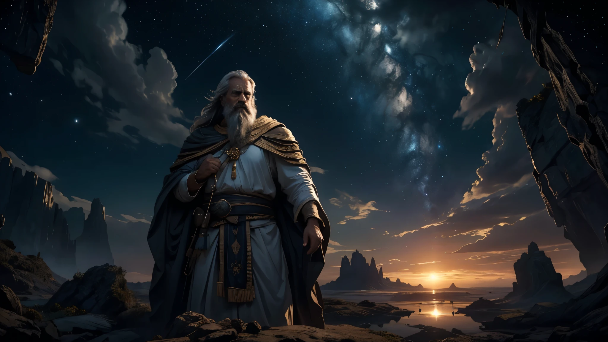 4k image, realistic photo with great contrast and great definition, even if I forget to ask, the default format for the images will be 16:9
Paying special attention to predicting emotion or atmosphere, action or activity, location or setting, and camera perspective/angle, the image should be produced in photorealistic style.
AN IMAGE:
Dramatic and mystical celestial scene where God and the Devil are in conversation against the background of vast, starry heavens. God is represented as a majestic figure, shrouded in brilliant light and ethereal robes, with a serene expression and a posture of authority. The Devil, in turn, is represented in a darker way, with an enigmatic appearance and a less luminous aura, diminishing his contrasting role. They positioned themselves facing each other, symbolizing an intense dialogue. The camera is positioned to capture both characters in profile, highlighting the contrast between their appearances and the intensity of the conversation. Deep down, the image of Job may appear in a subtle way, like a vision in the mind of God, showing him as a righteous and righteous man, enveloped in a gentle light, reflecting God's words about his integrity and faithfulness.
This prompt focuses on the emotion of wonder and gravity, the activity of conversation between characters, the expansive celestial setting, and the perspective that highlights the duality between the divine figures and the importance of Job.
Character Feature:
He is described as an elderly man, approximately 60 years old, with an average height of 1.75 meters. His skin is clear and shows signs of time and the adversities that have happened. His hair is long, reaching down to his shoulders, and is predominantly gray. Job's beard is also long and gray, maintained with care, reflecting his dignity even in times of difficulty. His eyes are light brown and very expressive, conveying a combination of wisdom and sadness. He wears simple, traditional ancient clothing, such as a thic