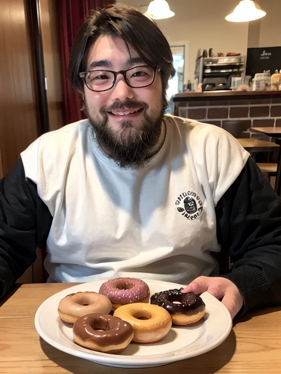 Iced donuts, (Eating a donut), Cafe, table, Tea cup, Donuts on a wooden plate, sit, (yossan), One boy, beard, Glasses, Are fat, short hair, smile, alone, Attention to detail,