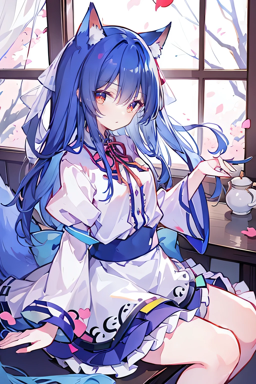 (masterpiece:1.2),Super detailed,lifelike,Expressive eyes,fair skin,perfect face shape,1 girl,
Japanese comics,Gorgeous blue hair,flowing blue hair,flowing clothes,Cat ears,Petals fall,beautiful lola,Baby Angel,
Shaking head with one hand,Cross your legs,,The pavilion is cool and comfortable,smile,back views,sunrise,Petals fall,sunrise,sitting on window sill drinking coffee and looking out the window,Ribbon trimming,Ribbon trimming sleeves,Long sleeve,skirt,Red Eye,独奏,Japanese clothes,Sky,Fox ears,Fox Tail,Fox Girl,