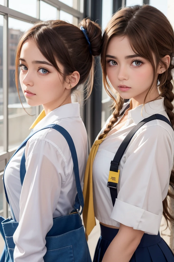 One with brown hair tied up, one blue eye and the other yellow, In school, not anjme style