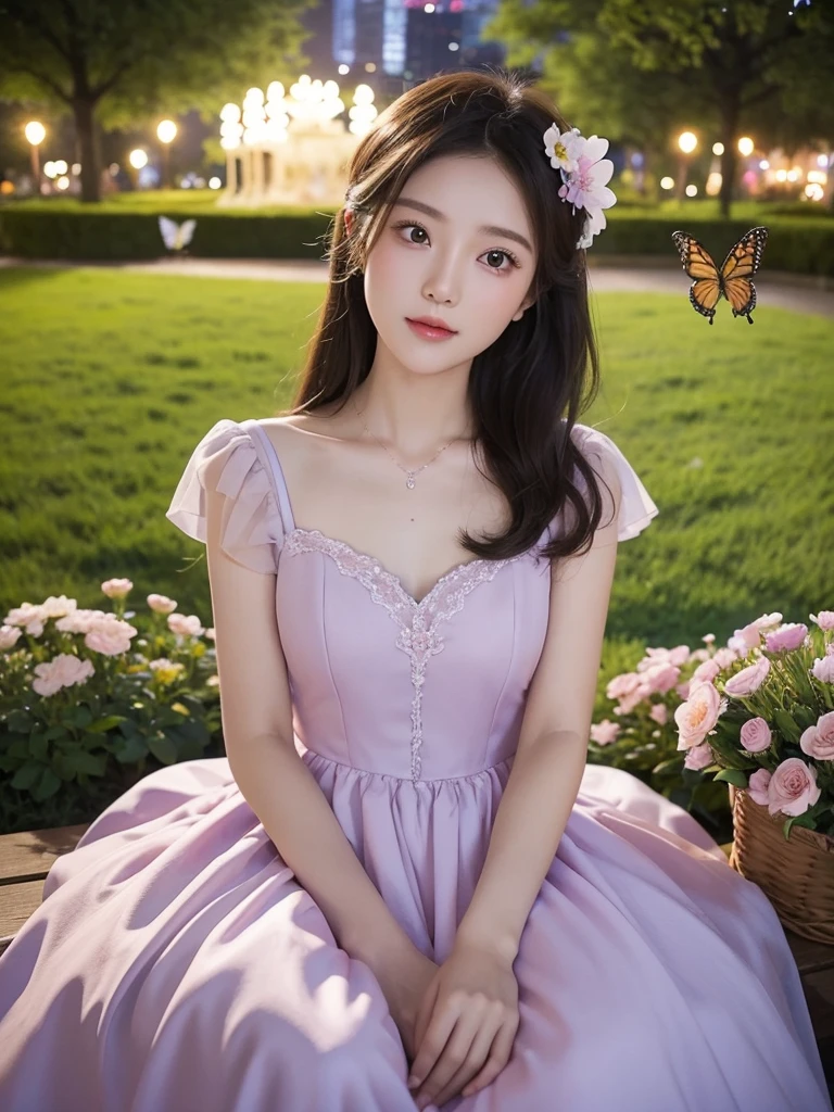 Sweet girl dress2,dress (night), In the park under the moonlight，A beautiful girl sitting among the flowers，Surrounded by blooming flowers and fluttering butterflies。Girl&#39;s cleavage is visible，The body leans back，Support your body with your elbows，Showing an elegant and seductive posture。She has a very beautiful、Well-proportioned legs，Anatomically correct。The girl&#39;s face is delicate，Bathed in the soft moonlight，The whole scene is filled with atmospheric lighting effects。Dramatic lighting creates a cinematic atmosphere。The bright smile on the girl&#39;s face adds a touch of fantasy。