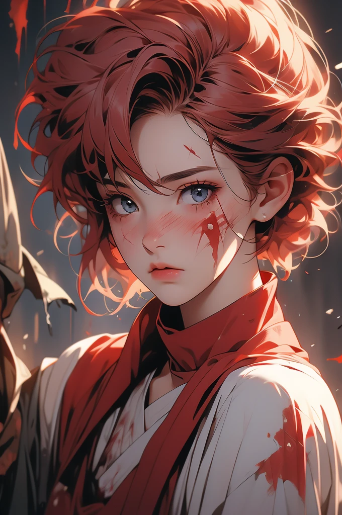 1girl, dirty face, scars, blood, short red hair, rags, pleading face
