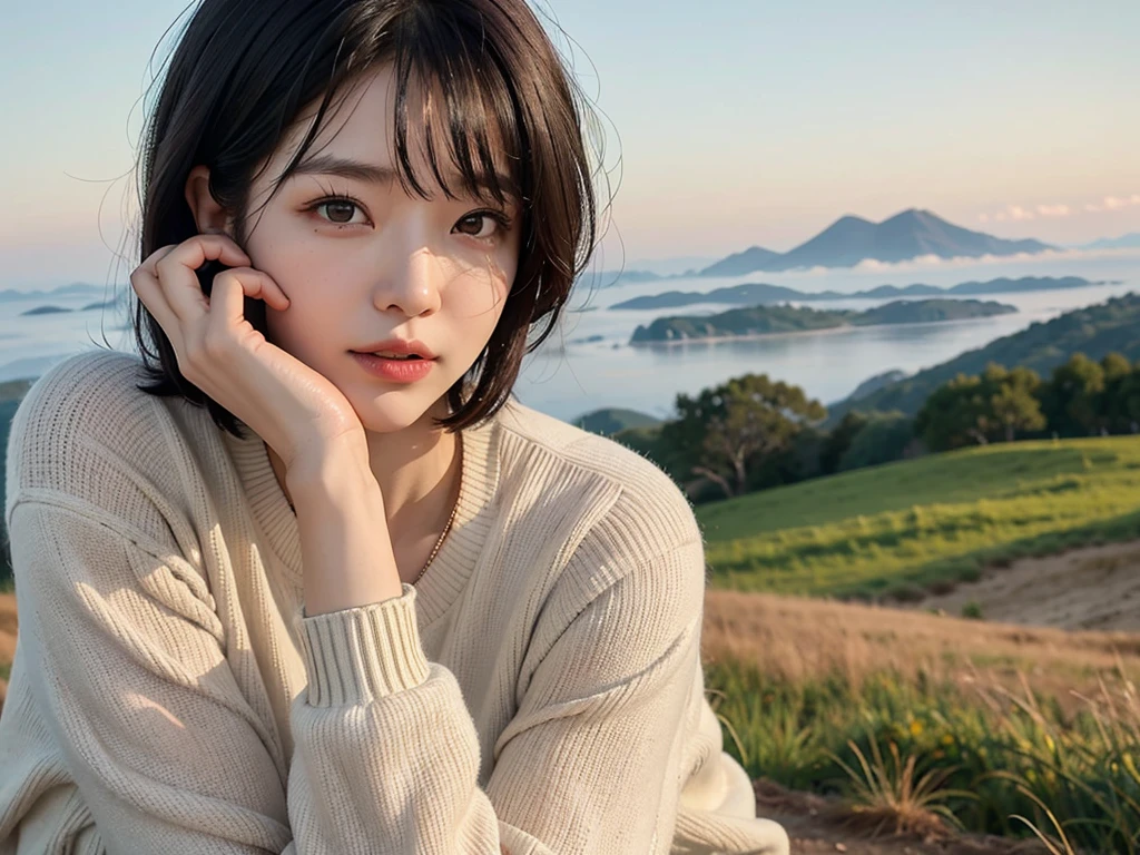 portrait、8k、high quality、realistic photo image、49 year old Korean woman, a chaste woman, Wrinkles around the eyes, Slender and beautiful woman, Reproduce natural and realistic eyes、beautiful black hair, short medium hair、mild anger、Composition of the Golden Ratio、laugh、High-end luxury brand clothing, beige casual pants 、italian countryside dawn, smother, Endless vineyard, standing on a foggy hill, A cathedral can be seen far away in the fog.. 1 woman, beige casual pants, Canon 16-35 wide angle lens shot, 1 woman