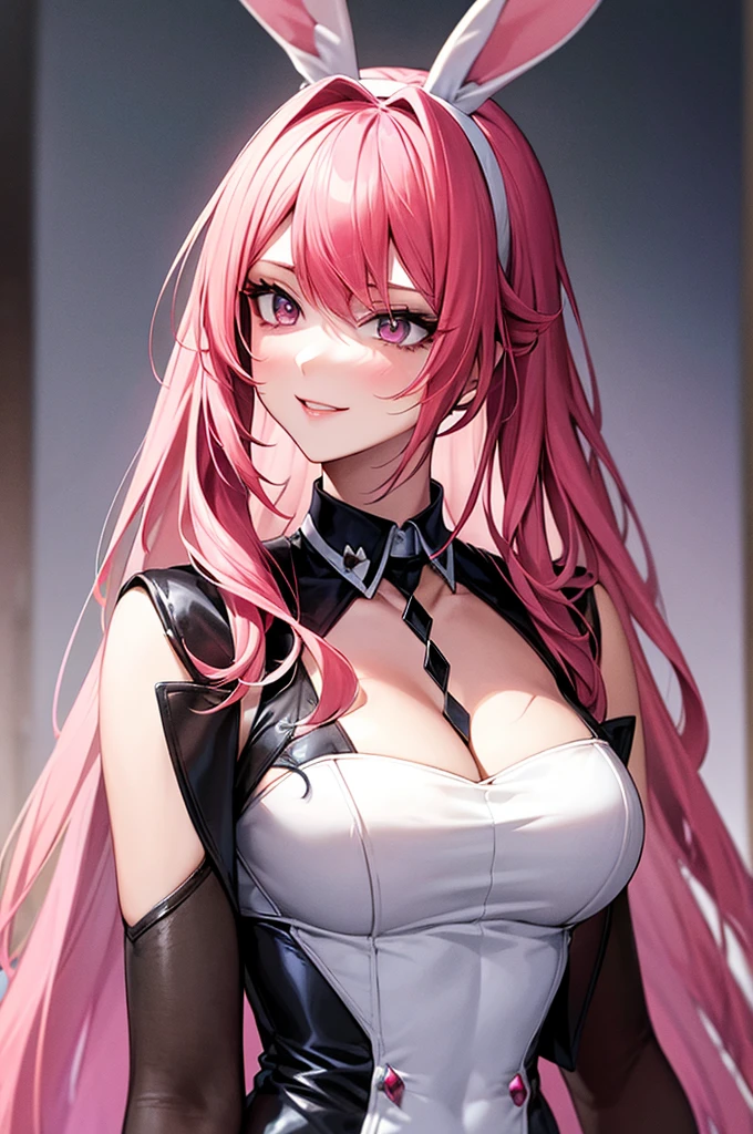 Anime Style, Woman with bunny ears and a tail, With rabbit ears, Girl Design, Portraiture, , Long Hair, Pink Hair, Hair covering the ears, Happy, Sophisticated and powerful appearance, exotic, expensive