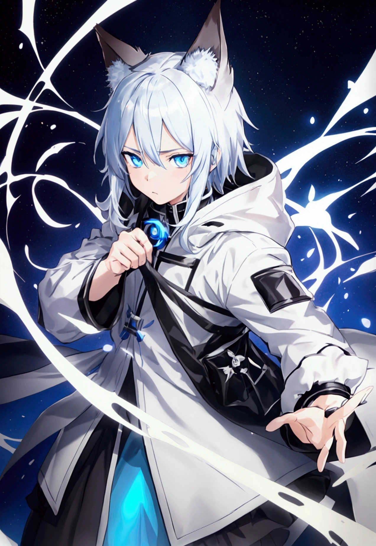anime, blue glowing eyes A boy with white hair and blue eyes wore a white jacket., tall ตาเรืองแสงสีฟ้า anime guy with blue eyes, anime boy, anime with cat ears, detailed anime character art, anime ตาเรืองแสงสีฟ้า character, cute anime , From Arknights, anime , key anime art, anime character art, clean detailed anime style, anime cat, clean detailed anime art ตาเรืองแสงสีฟ้า