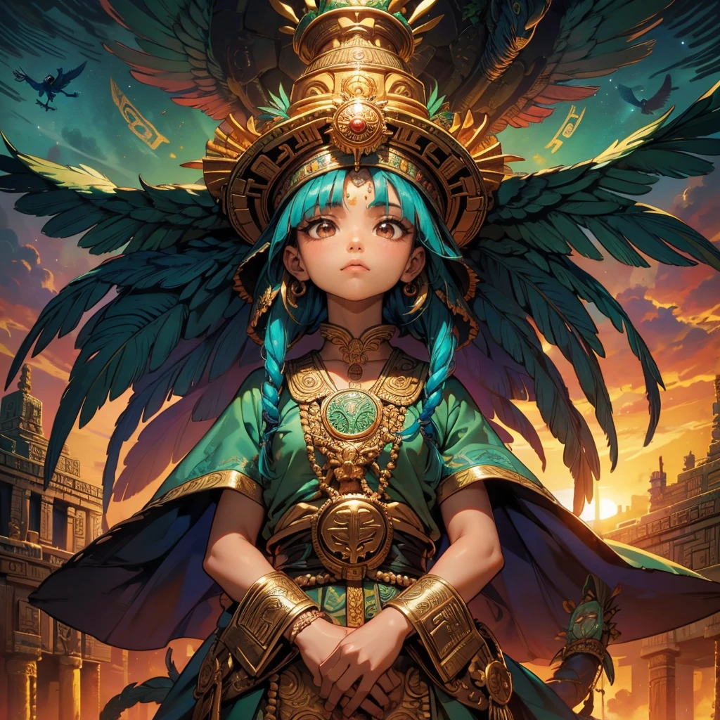 Childish, high quality、Very detailed、8Year、Mayan Aztec young priestess、Flying Feathered Serpent(Quetzalcoatl Kukulkan)look up at the sky and pray、Chichen Itza Forest Temple of the Sun、mysterious、The whole body is visible