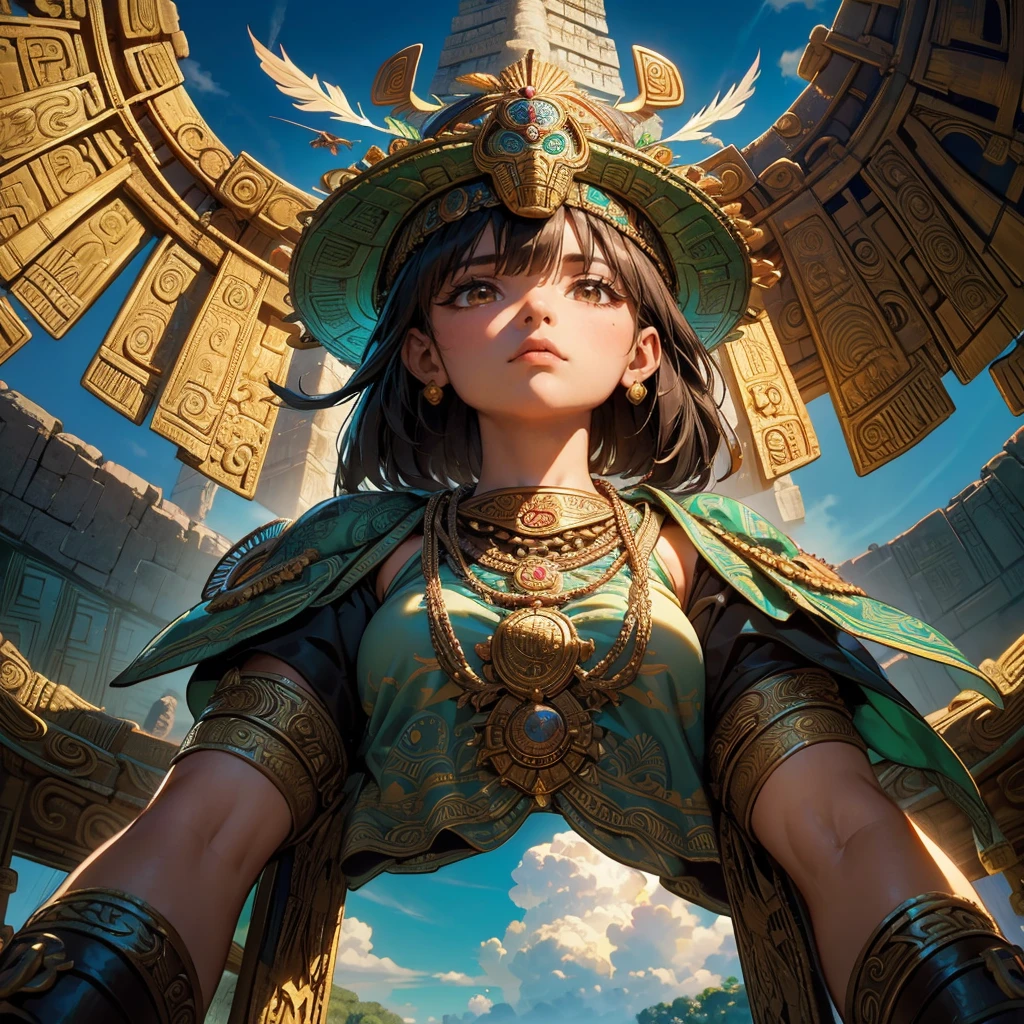 Childish,  high quality、Very detailed、８Year、Mayan Aztec young priestess、Flying Feathered Serpent（Quetzalcoatl Kukulkan）look up at the sky and pray、Chichen Itza Forest Temple of the Sun、mysterious、The whole body is visible