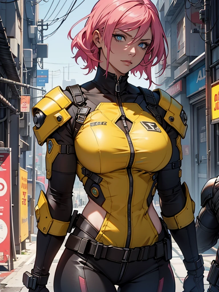 Fake body and  , Mature woman  in metal rising revengeance body details, foto de busto, big pink hair, shining blue eyes, wearing a mustard yellow jumpsuit, breasts big, looking 35 years old, eye on the spectator, Look to the camera, , the background is a cyberpunk city, revegeance expression, foco no rosto, de frente, foco no busto, riaden armor of metal gear rising, busty woman, eyeshield
