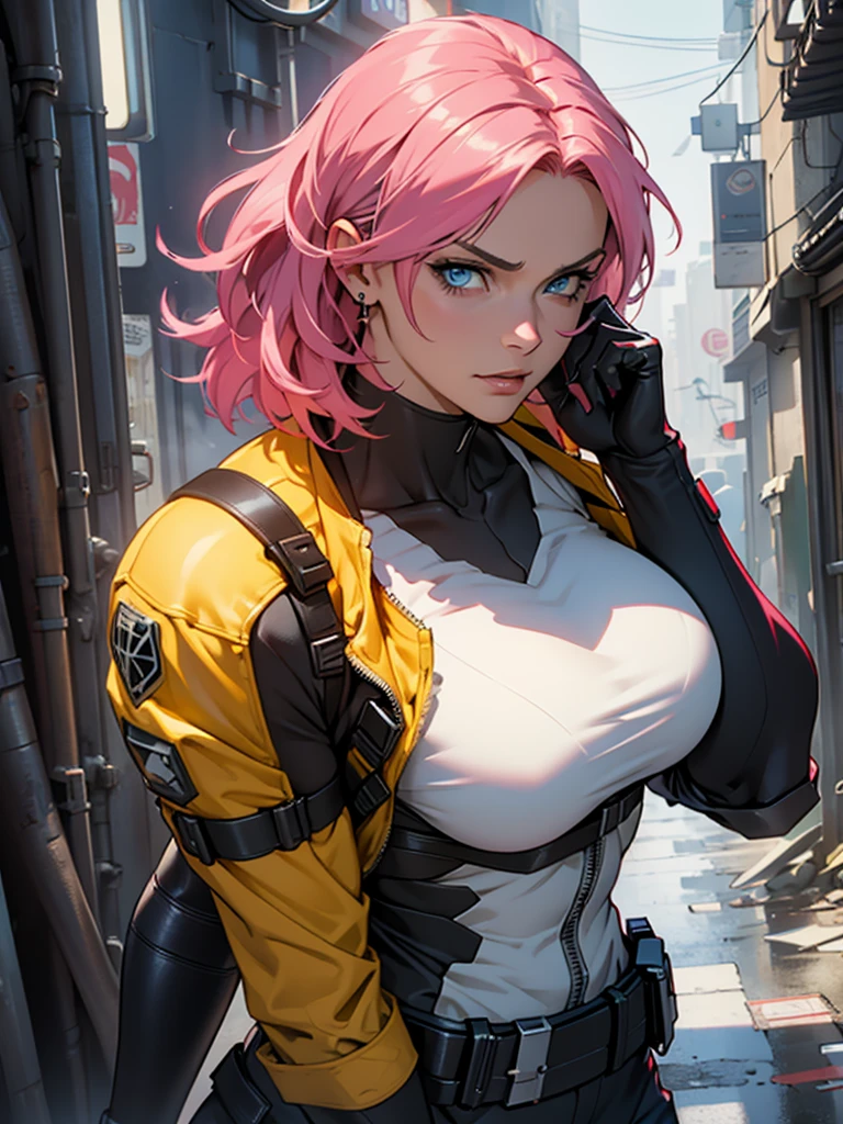 Fake body and  , Mature woman  in metal rising revengeance body details, foto de busto, big pink hair, shining blue eyes, wearing a mustard yellow jumpsuit, breasts big, looking 35 years old, eye on the spectator, Look to the camera, , the background is a cyberpunk city, revegeance expression, foco no rosto, de frente, foco no busto, riaden armor of metal gear rising, busty woman, eyeshield
