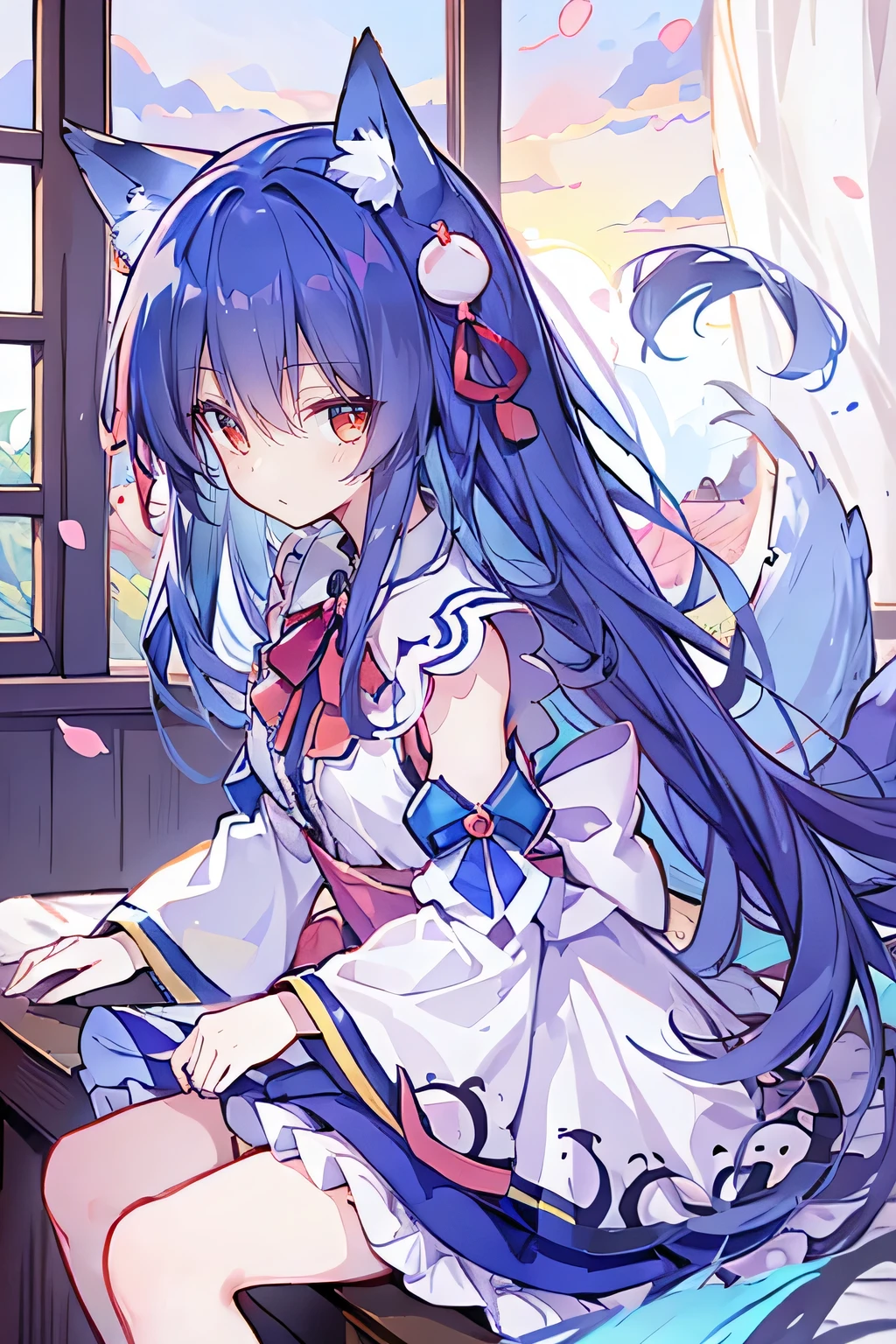 （masterpiece：1.2），Super detailed，lifelike，Expressive eyes，fair skin，perfect face shape，1 girl，
Japanese comics,Gorgeous blue hair,flowing blue hair,flowing clothes,Cat ears,Petals fall,beautiful lola,Baby Angel,
Shaking head with one hand，Cross your legs，，The pavilion is cool and comfortable,smile,back views,sunrise,Petals fall,sunrise，sitting on window sill drinking coffee and looking out the window，Ribbon trimming，Ribbon trimming sleeves，Long sleeve，skirt，Red Eye，solo，Japanese clothes，Sky，Fox ears，Fox Tail，Fox Girl，