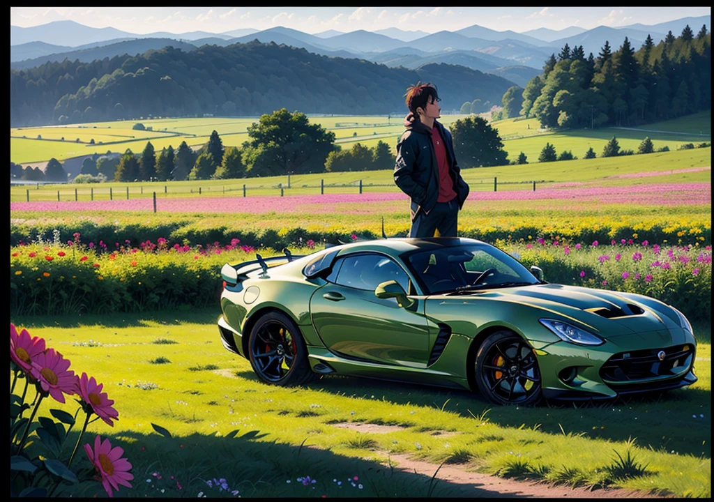 ((best qualityer)), ((work of art)), (アニメ), 1 car, dogde viper,  green field full of flowers, field of view from bottom to top