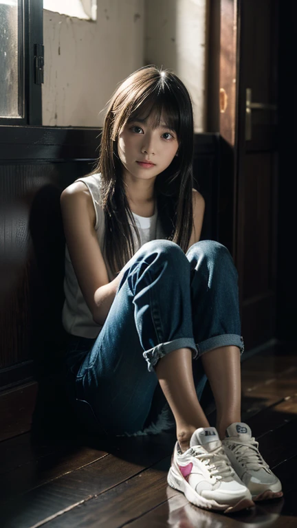 (((11 year old girl))), (((sitting alone in a dark room holding her knees))), (((midnight))), Japanese, medium hair, straight face, no smile, no expression, no eye contact with viewer, worn trainers and worn jeans, poor sad girl, locked in room, Japanese Old mansion room, moonlight shining through small window, movie scene, high resolution, highly detailed, details, masterpiece, top quality, award, highest resolution, realistic, raw photo, 8K wallpaper