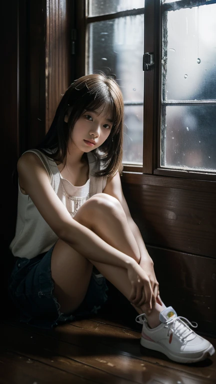 (((11 year old girl))), (((sitting alone in a dark room holding her knees))), (((midnight))), Japanese, medium hair, straight face, no smile, no expression, no eye contact with viewer, worn trainers and worn jeans, poor sad girl, locked in room, Japanese Old mansion room, moonlight shining through small window, movie scene, high resolution, highly detailed, details, masterpiece, top quality, award, highest resolution, realistic, raw photo, 8K wallpaper