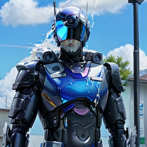 Robocop full armor, cool handsome young handsome man, gets splashed with blue cloudy liquid, body gets wet