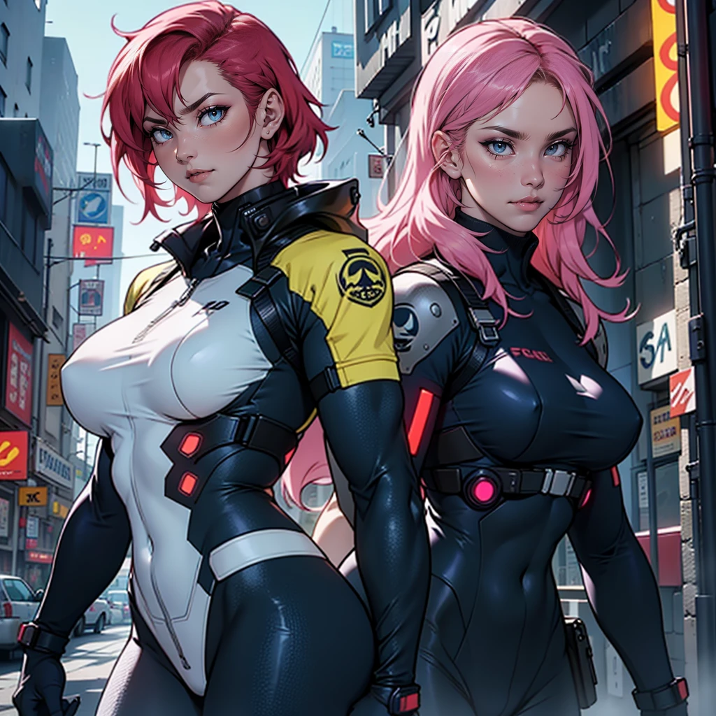 Fake body and , Mature woman in metal rising revengeance body details, foto de busto, big pink hair, shining blue eyes, wearing a mustard yellow jumpsuit, breasts big, looking 35 years old, eye on the spectator, Look to the camera, , the background is a cyberpunk city, revegeance expression, foco no rosto, de frente, foco no busto, riaden armor of metal gear rising, busty woman, eyeshield