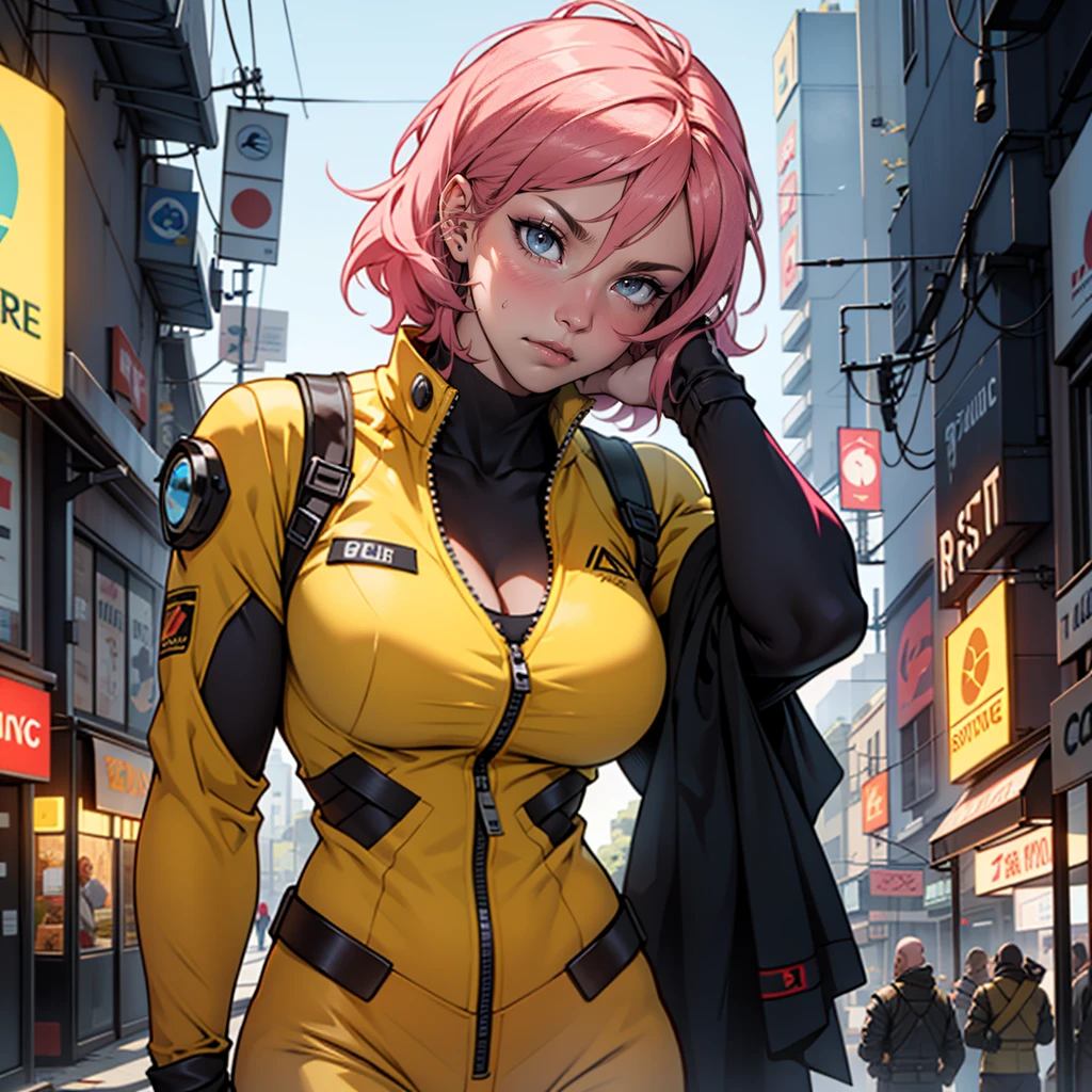 Fake body and , Mature woman in metal rising revengeance body details, foto de busto, big pink hair, shining blue eyes, wearing a mustard yellow jumpsuit, breasts big, looking 35 years old, eye on the spectator, Look to the camera, , the background is a cyberpunk city, revegeance expression, foco no rosto, de frente, foco no busto, riaden armor of metal gear rising, busty woman, eyeshield