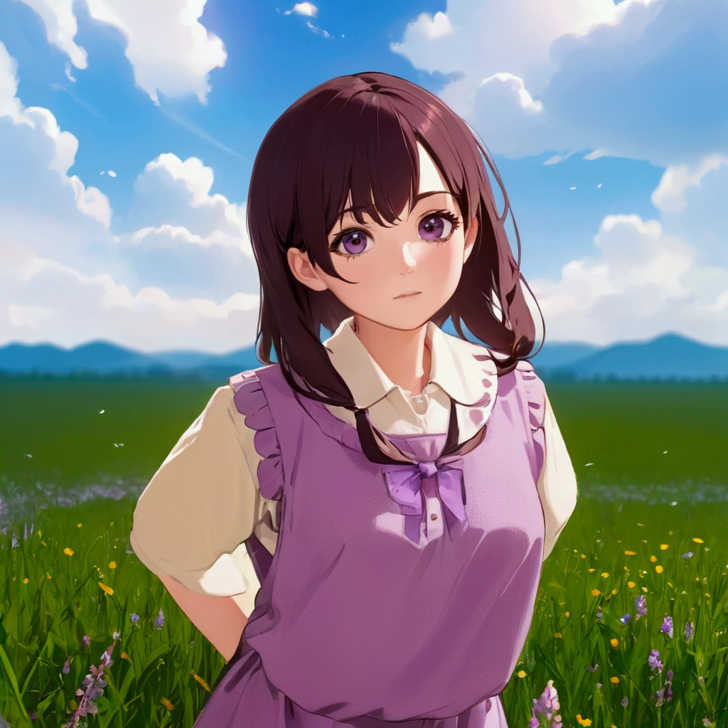Anime girl in purple dress standing on a meadow, Smooth anime CG art, April Rendering, Makoto Shinkai. Digital Rendering, Another Iwakura, Visual Novel CG, Anime Moe Art Style, Inspired by Hisui Sugiura, Photorealistic anime girl rendering, Cute 3D anime girl render, Realistic Anime 3D Style