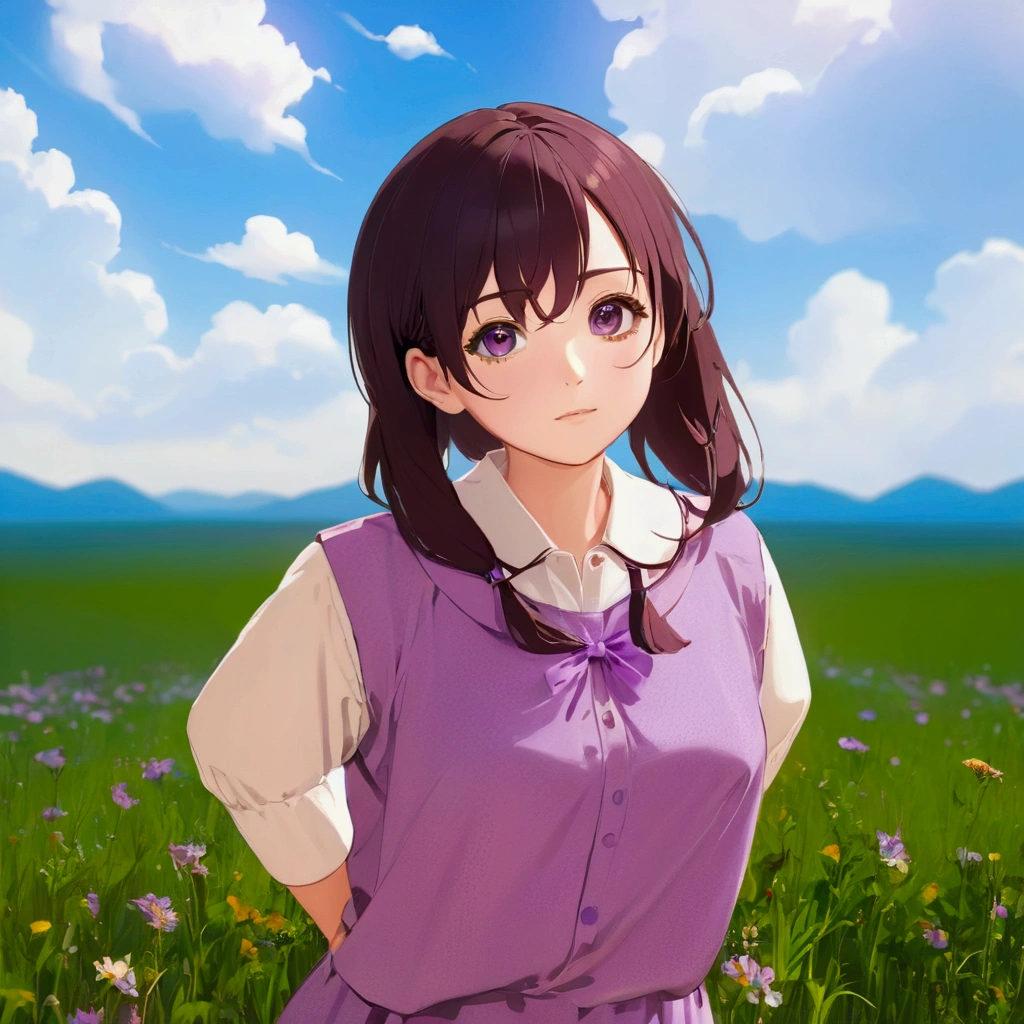 Anime girl in purple dress standing on a meadow, Smooth anime CG art, April Rendering, Makoto Shinkai. Digital Rendering, Another Iwakura, Visual Novel CG, Anime Moe Art Style, Inspired by Hisui Sugiura, Photorealistic anime girl rendering, Cute 3D anime girl render, Realistic Anime 3D Style