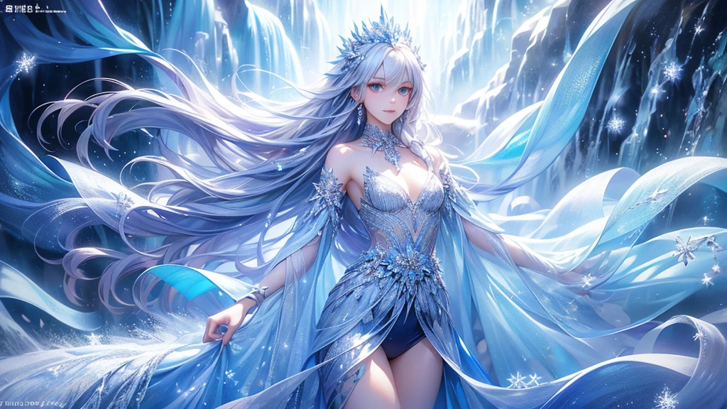 (1/2 photos:1.5)wood, Exquisite mini ice spikes and crystals, A frozen waterfall in the background, Light reflected by ice crystals, Flowing snowflakes.1 girl、pretty girl,A realistic person,((small breasts)),Thin legs、Tight waist、standing