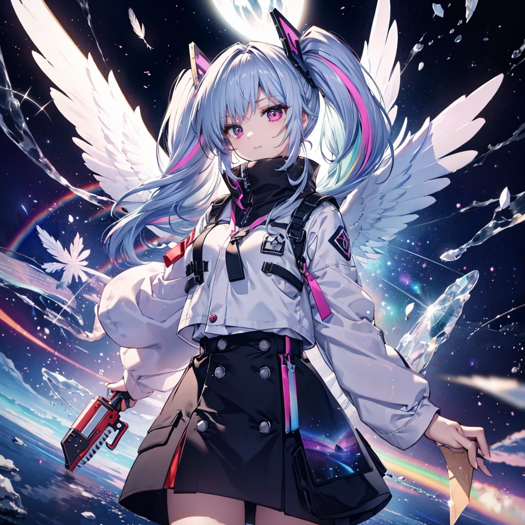 ((Archangel Fantasy Rainbow Hair Make your hair rainbow-colored on the inside Twin tails Dull red eyes Has a galaxy uniform Put on a coat without putting your arms through it Wings many times larger than mine rainbow gradient feathers Lonely Smiling Kindly front)) ((tears gloves)) (Broken glass Rolling Pebbles Distorted Space-Time star) Catch the wind milky way Shining Background Particles of light, rainbow colored edges star