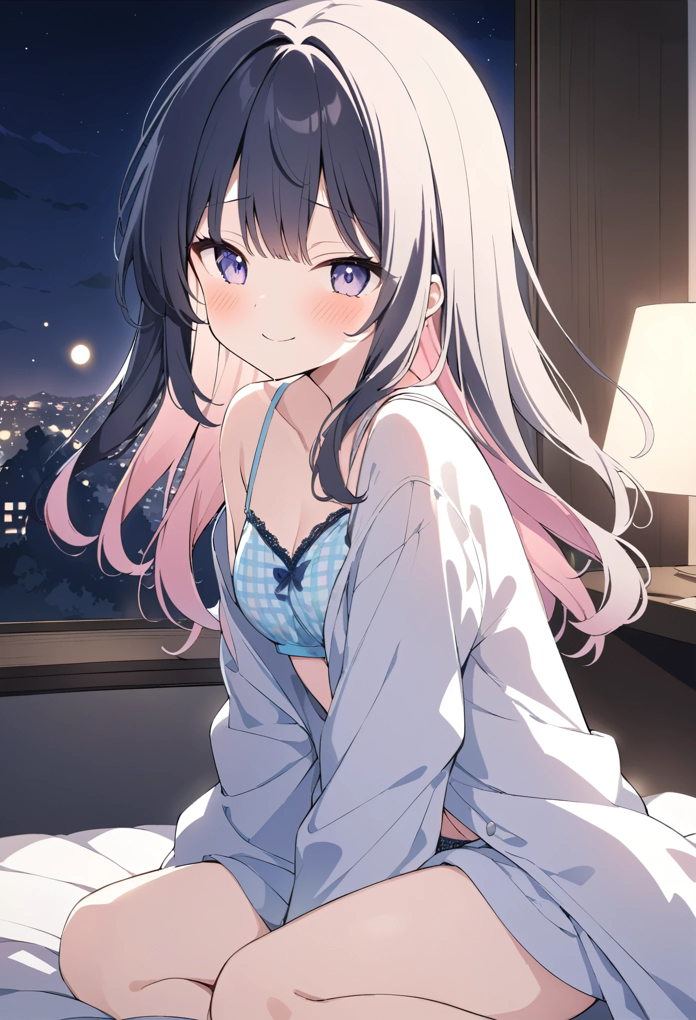 Momoko Sakura Style、8k品質、Intense watercolor, Detailed watercolor art, ピンク色系の水彩splash, Surreal, Very cute  girl, ((She's wearing a cute plaid bra and low-rise underwear, but she's hiding it behind the futon.She is wearing cute checkered underwear, but she hides her appearance with the futon、She is wearing a sheet to hide her underwear.)、(Black hair color、Pastel color inner color hairstyle、Hair expressed with a delicate touch), Beautiful Hair, Facial Contour, Remember,  splash, Lens flare、Dim lighting、illumination、Natural Color, High resolution, Very delicate, Very detailed, 8k、(night)、Hotel、Shy smile、bed、((Sexual))、View from knee