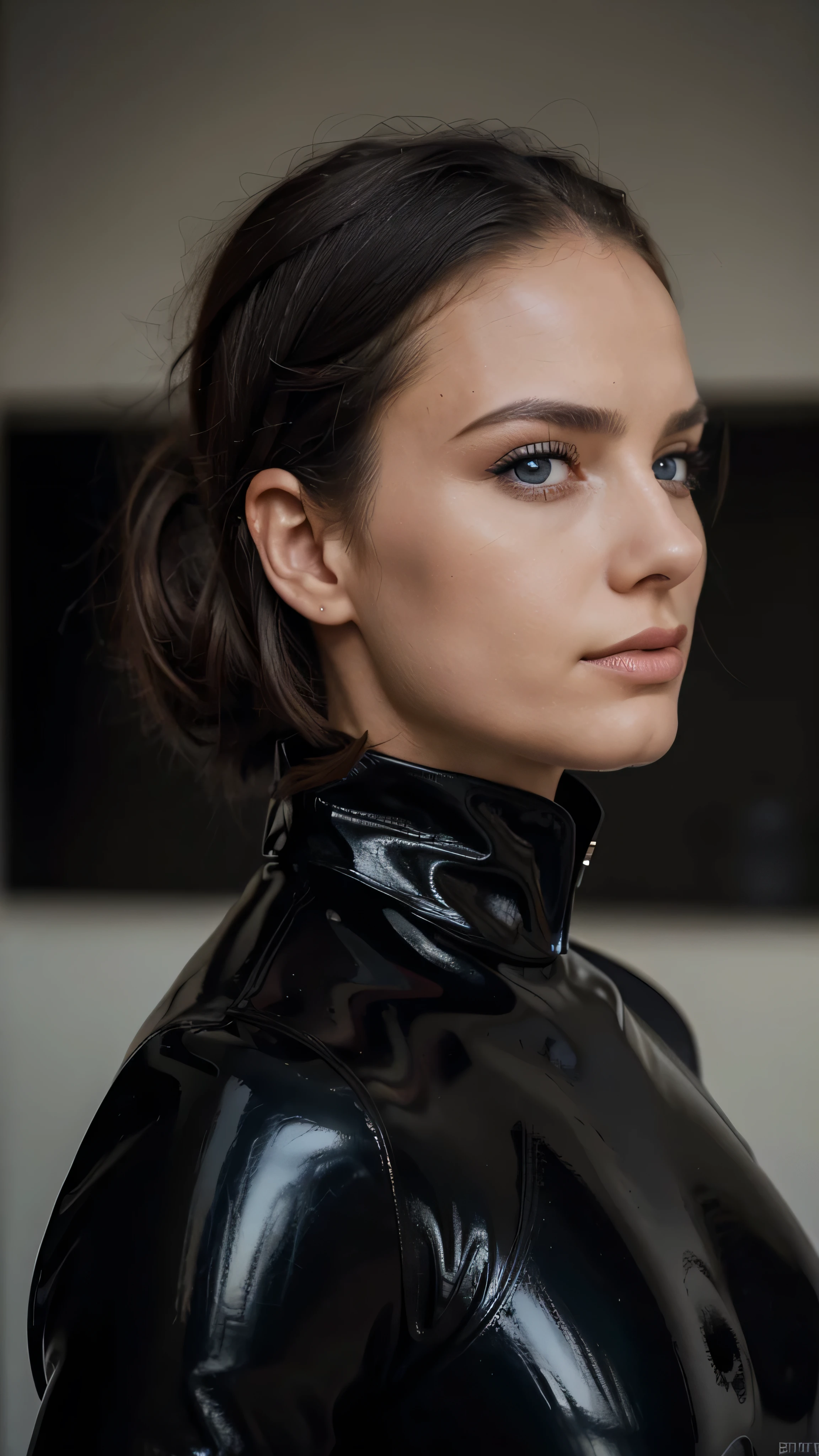 a photo of Esmée,full right side profile,as black latex superhero,wearing a black latex suit,blue eyes,wearing large black latex coat,close up face portrait,having no hair,no lipstick ,85 mm,wearing no sunglasses,looking damn smart