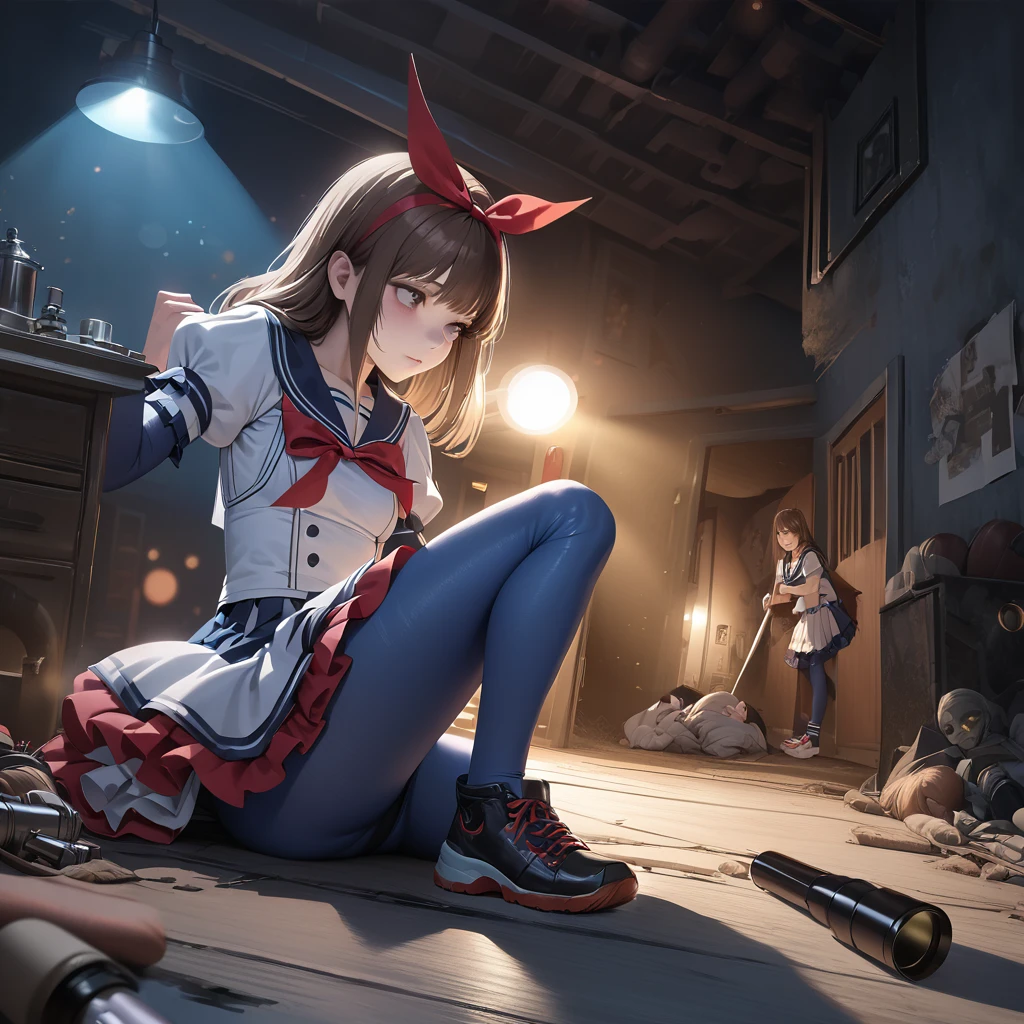 (Highest quality,4K,High resolution),Very detailed,Realistic, Japanese , Long brown hair,mysterious, Ecomodernism, Bokeh, Ribbon Headband,Small breasts,Futuristic Sailor Lolita Dress,Puff sleeves,White and blue,Colorful lighting, Red ribbon, Dark blue pantyhose,Sports boots, Have a flashlight, Walking alone through a haunted abandoned house, At night, Low Light, darkness, Very detailed, 4K. Blue tights, tumble, Fall down
