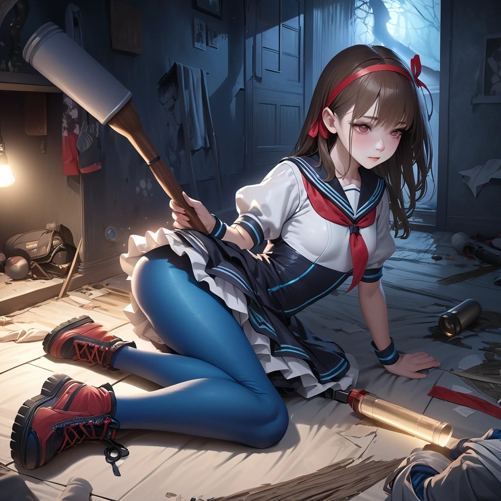(Highest quality,4K,High resolution),Very detailed,Realistic, Japanese , Long brown hair,mysterious, Ecomodernism, Bokeh, Ribbon Headband,Small breasts,Futuristic Sailor ta Dress,Puff sleeves,White and blue,Colorful lighting, Red ribbon, Dark blue pantyhose,Sports boots, Have a flashlight, Walking alone through a haunted abandoned house, At night, Low Light, darkness, Very detailed, 4K. Blue tights, tumble, Fall down