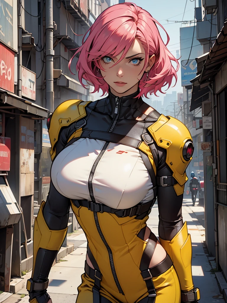 Fake body and  , Mature woman  in metal rising revengeance body details, foto de busto, big pink hair, shining blue eyes, wearing a mustard yellow jumpsuit, breasts big, looking 35 years old, eye on the spectator, Look to the camera, , the background is a cyberpunk city, revegeance expression, foco no rosto, de frente, foco no busto, riaden armor of metal gear rising, busty woman, eyeshield
