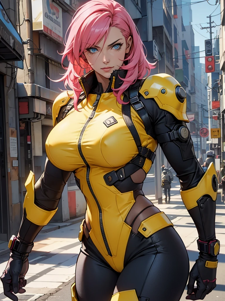 Fake body and  , Mature woman  in metal rising revengeance body details, foto de busto, big pink hair, shining blue eyes, wearing a mustard yellow jumpsuit, breasts big, looking 35 years old, eye on the spectator, Look to the camera, , the background is a cyberpunk city, revegeance expression, foco no rosto, de frente, foco no busto, riaden armor of metal gear rising, busty woman, eyeshield
