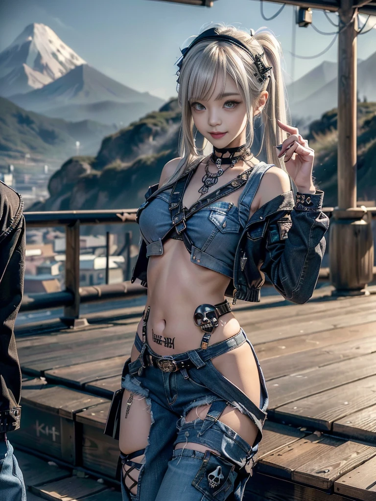 (Beautiful lips and nose:1.4)、(Long eyelashes:1.4)、(Smiling with teeth showing:1.3),(Shibuya Gal:1.5)、(Gothic Lolita delicately decorated dress:1.5)、(Tattered denim and black punk rock cargo pants:1.5)、(Denim and black navy skull mark small jacket:1.4)、(denim garter belt:1.5)、(Black and denim knee socks:1.3)、(Skull Silver Accessories:1.5)、(Denim collar:1.3)、(Brown Skin Belt:1.4)、(Brown boots:1.2)、(The underwear is striped:1.4)、31 years old、((Highest quality、In 8K、masterpiece:1.3))、Sharp focus:1.2、(Layered Cut、Huge boobs:1.1),Beautiful woman with perfect figure:1.4、(Dancing vigorously:1.3)、Slender Abs:1.2、Highly detailed face and skin texture、Detailed eyes、double eyelid,(Twin tails:1.3)、(Cream colored hair:1.3)、Gravure idol、(The background is a vast mountain with a clear view々Beautiful luxury resort destination in Europe:1.3)、(Slim Body:1.2),(Make your legs thinner:1.4),(clavicle:1.1)