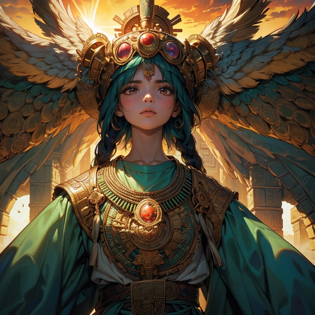 Childish, high quality、Very detailed、8Year、Mayan Aztec young priestess、Flying Feathered Serpent(Quetzalcoatl Kukulkan)look up at the sky and pray、Chichen Itza Forest Temple of the Sun、mysterious、The whole body is visible