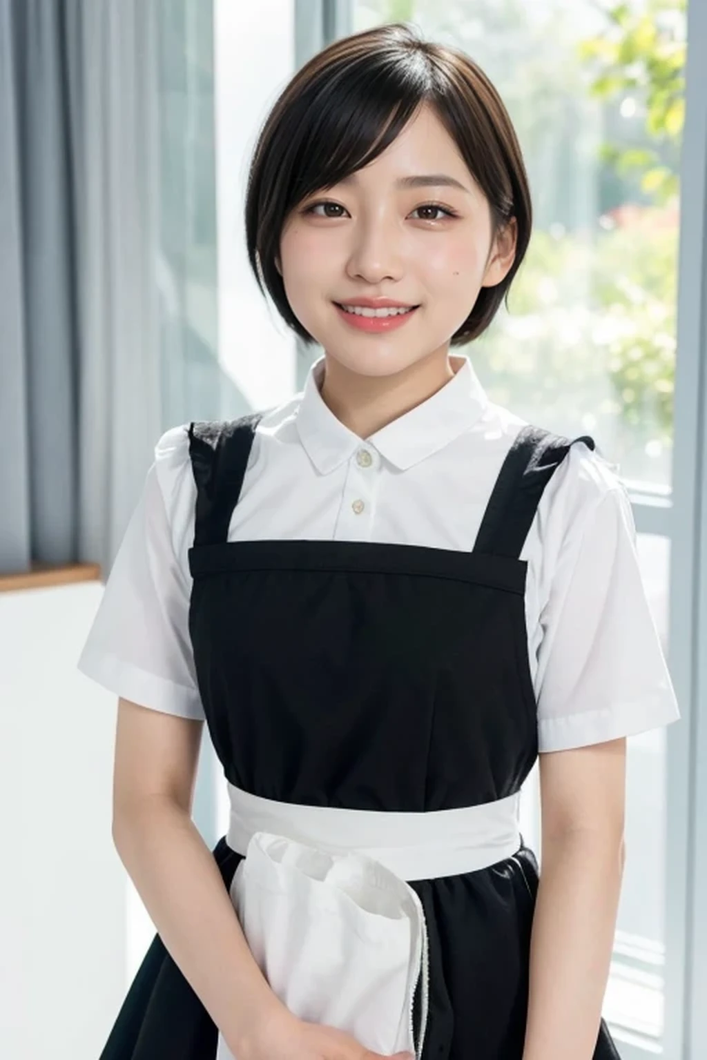 maid, maid clothes, maid apron, frilled skirt, (natural lighting:1.3), 8k, RAW photo, best quality, masterpiece, realistic, photo-realistic, clear, beautiful face, no makeup, best quality, ultra high res, BREAK, Japanese cute girl, , (very short cut hair:1.2), smile, standing