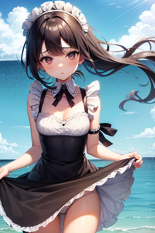 (maid suit, fluttering dress, The wind is blowing, dress flipped up, I can see your underwear, dress that flipped in the wind, dress billowing, I can see your underwear, wind lift:1.2), port, (clear water, gemstone sea:1.2), Ship in the distance, The trails that planes make, blue sky, Sunshine, street in the distance,