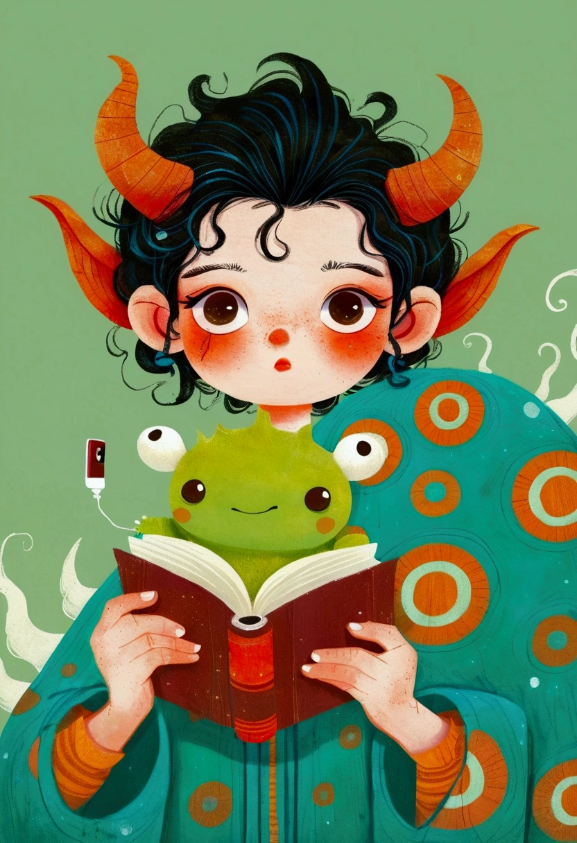 illustration of a cartoon monster with a book and a cell phone, author Ryan Yee, Juster Battle, Beeple 和 Jeremiah Ketner, author:Toth Wu, Sachin Teng, Portrait of a cute monster, in the style of Sachin Teng, Cute monster character design, Android Jones's Works, Japanese illustrator, illustration!, author:Jeremiah Ketner