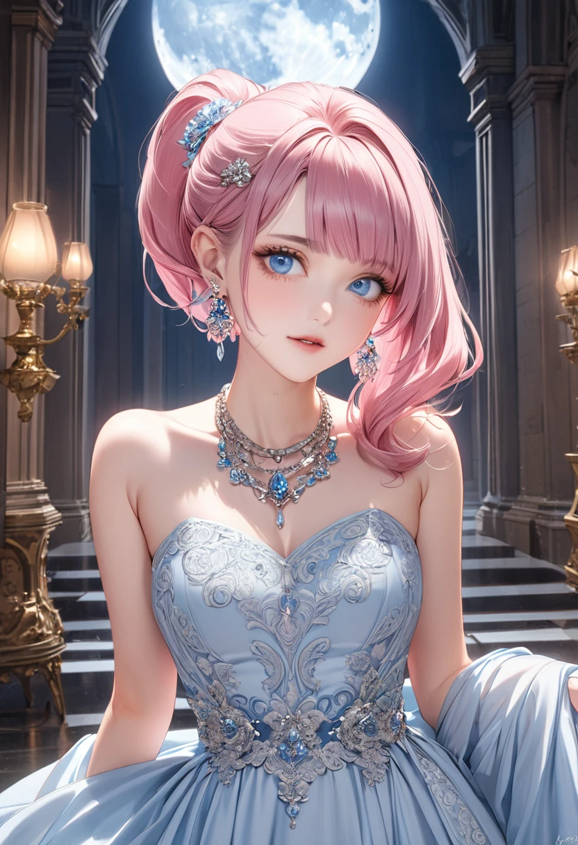 1 female Pink ponytail Pink eyebrows Dull light blue eyes Socialite debut A light blue long dress with silver embroidery Inside the castle full moon hair ornaments Gorgeous necklace with matching earrings Silver waist