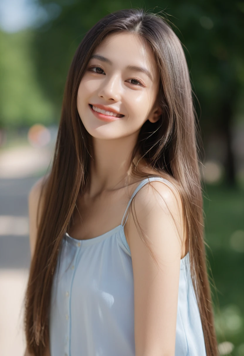 woman poses for a photo, lol, Happy, Long hair, Straight Hair, Delicate skin, daytime, Hot summer day, Natural lighting, Delicate face:1.2, Clear focus, Hasselblad Photography, masterpiece, Light makeup, light, 4K, best quality