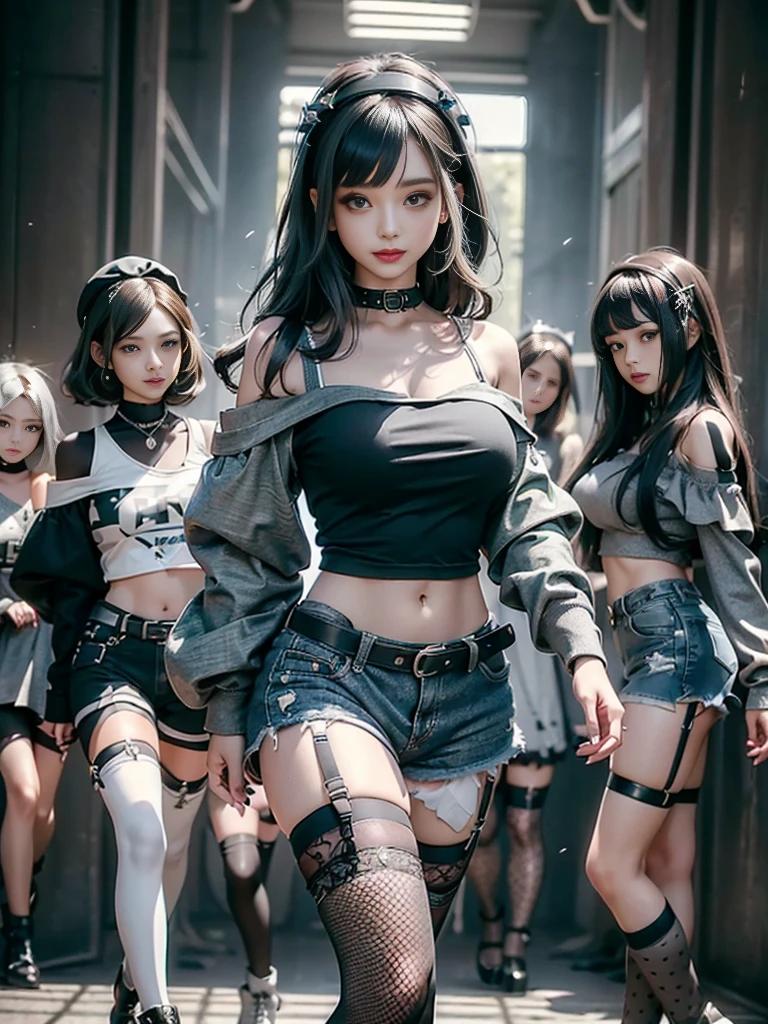 (Three Women,3 girls:1.5),(Side view:1.1)、(Beautiful skin, lips and nose:1.4)、(Smiling with teeth showing:1.3),(Fashion Model:1.5)、(Gothic ta delicately decorated battle uniform:1.5)、(Moss green off-shoulder hoodie:1.5)、(Black, silver and white shorts:1.4)、(denim garter belt:1.5)、(Black and camouflage knee socks:1.3)、(Skull Silver Accessories:1.5)、(Lace collar:1.3)、(Brown Skin Belt:1.4)、(Brown boots:1.2)、(Underwear has polka dots:1.4)、23 years old、((Highest quality、In 8K、masterpiece:1.3))、Sharp focus:1.2、(Layered Cut、Huge boobs:1.1),Beautiful woman with perfect figure:1.4、(Dancing vigorously:1.3)、Slender Abs:1.2、Highly detailed face and skin texture、Detailed eyes、double eyelid,(Bob Hair:1.3)、(Black brown hair:1.3)、Gravure idol、(The background is a gorgeous fashion show:1.3)、(Slim Body:1.2),(Make your legs thinner:1.4),(clavicle:1.1)