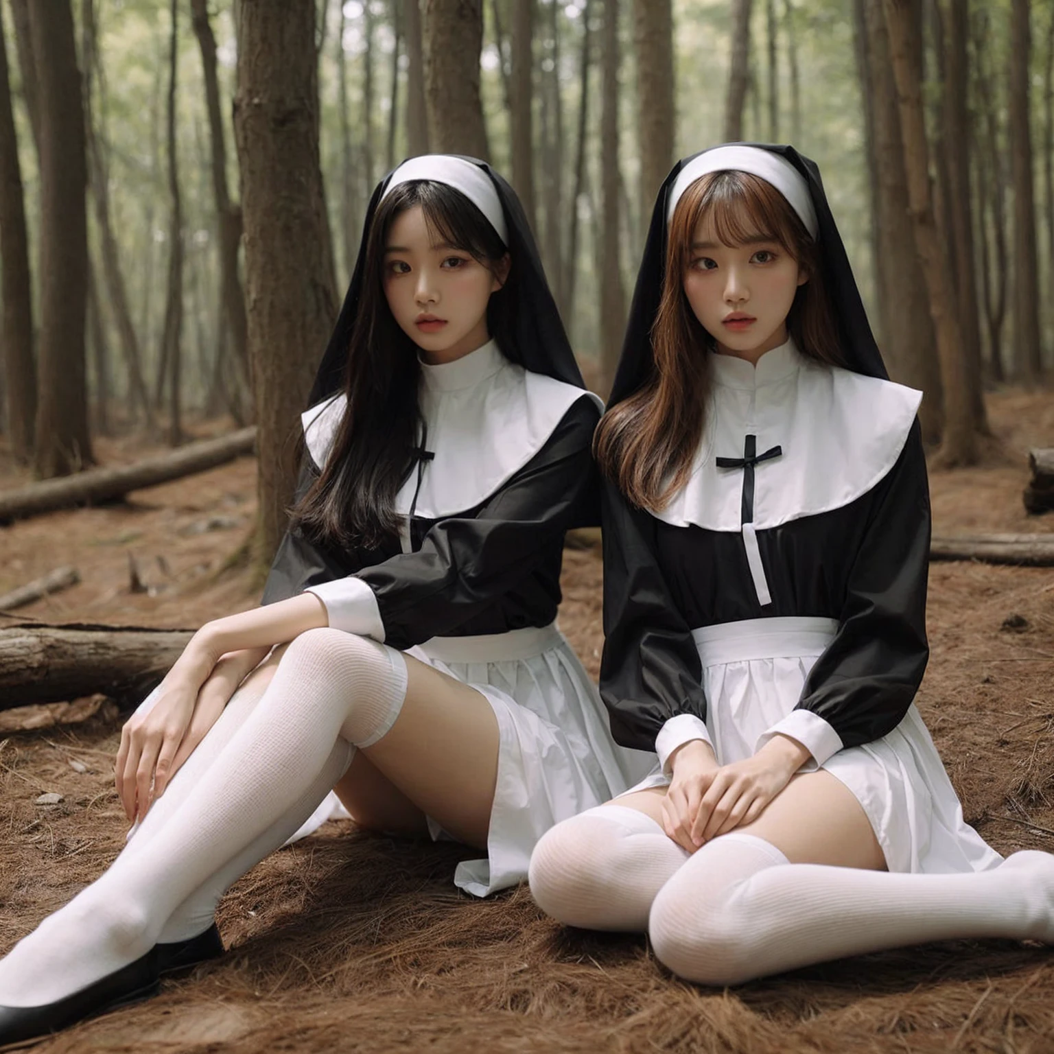 In this striking image, two young korean woman dressed in a blend of modern and traditional attire are positioned in a forested setting. They wear black and white outfits reminiscent of nun habits, but with a contemporary twist, including white thigh-high stockings and unique accessories. The scene is ethereal, with muted natural colors and a serene, almost mystical ambiance. hyper realistic. detailed face