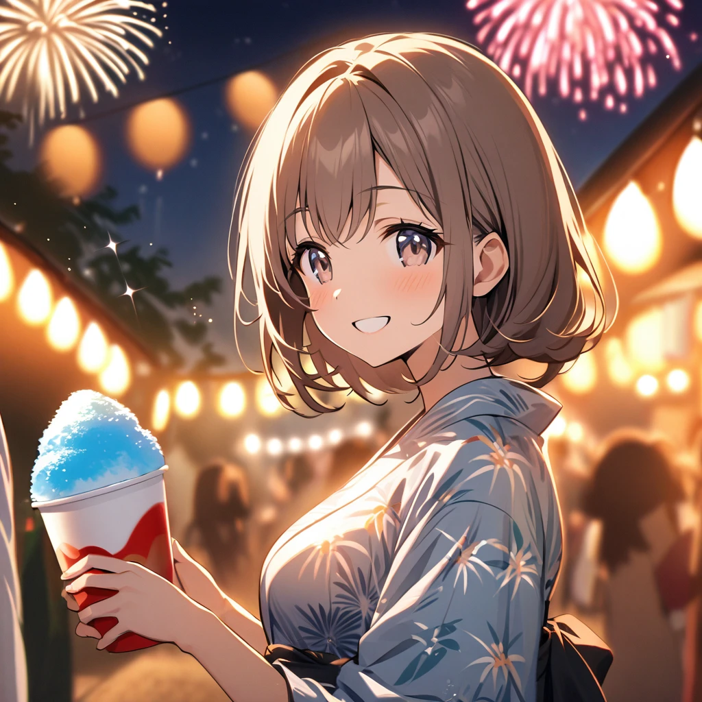A girl in a cute yukata, holding shaved ice, smiling, fireworks lighting up the night sky in the background, adding to the festive atmosphere, the woman's smile and the sparkle of the fireworks seem to capture a moment from a beautiful summer night, blurred background