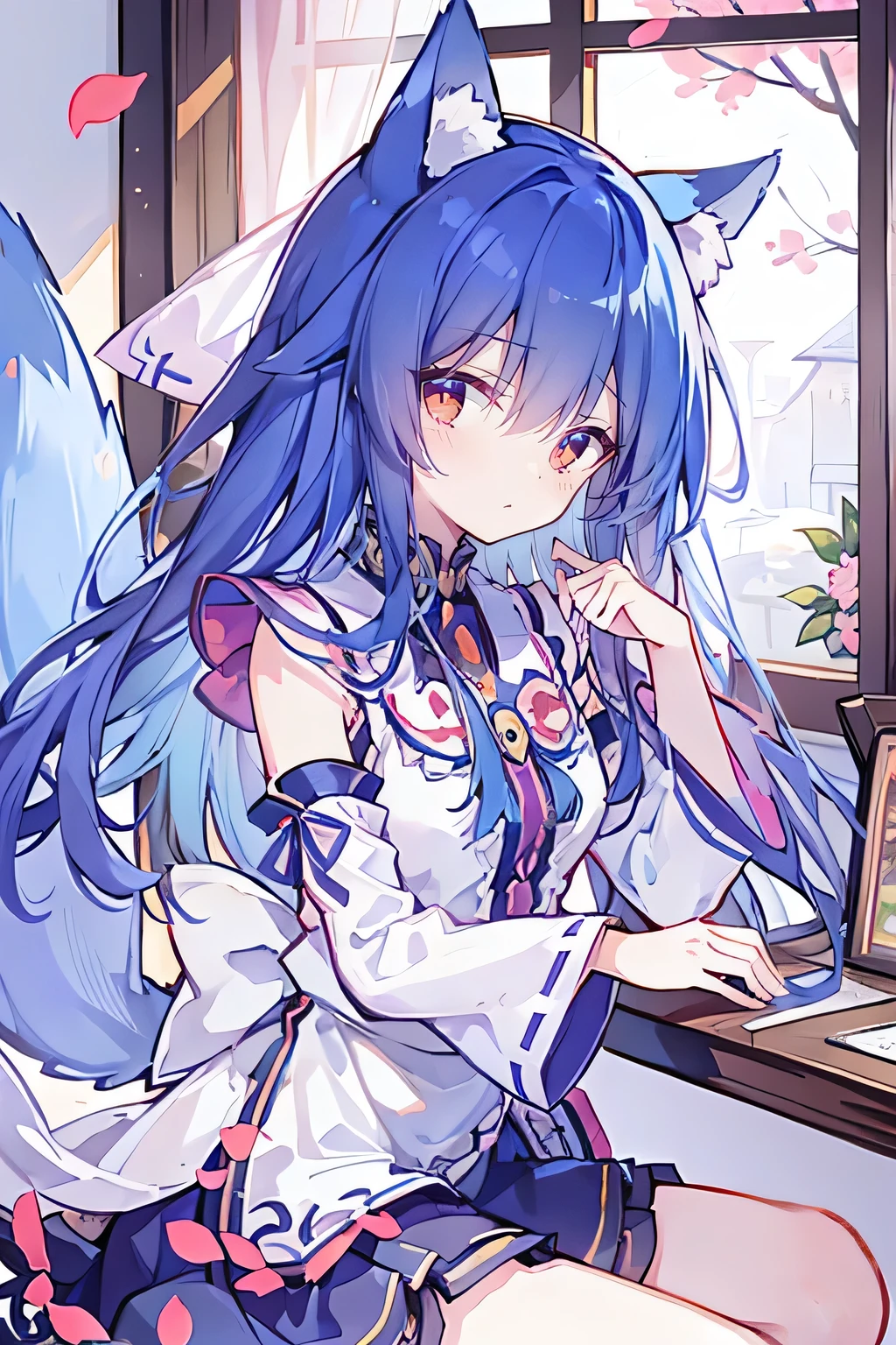 (masterpiece:1.2),Super detailed,lifelike,Expressive eyes,fair skin,perfect face shape,1 girl,
Japanese comics,Gorgeous blue hair,flowing blue hair,flowing clothes,Cat ears,Petals fall,beautiful lola,Baby Angel,
Shaking head with one hand,Cross your legs,,The pavilion is cool and comfortable,smile,back views,sunrise,Petals fall,sunrise,sitting on window sill drinking coffee and looking out the window,Ribbon trimming,Ribbon trimming sleeves,Long sleeve,skirt,Red Eye,solo,Japanese clothes,Sky,Fox ears,Fox Tail,Fox Girl,
