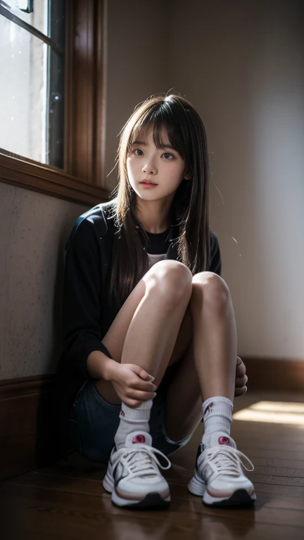 (((11 year old girl))), (((sitting alone in a dark room holding her knees))), (((midnight))), Japanese, medium hair, straight face, no smile, no expression, no eye contact with viewer, worn trainers and worn jeans, poor sad girl, locked in room, Japanese Old mansion room, moonlight shining through small window, movie scene, high resolution, highly detailed, details, masterpiece, top quality, award, highest resolution, realistic, raw photo, 8K wallpaper