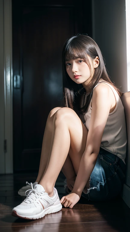 (((11 year old girl))), (((sitting alone in a dark room holding her knees))), (((midnight))), Japanese, medium hair, straight face, no smile, no expression, no eye contact with viewer, worn trainers and worn jeans, poor sad girl, locked in room, Japanese Old mansion room, moonlight shining through small window, movie scene, high resolution, highly detailed, details, masterpiece, top quality, award, highest resolution, realistic, raw photo, 8K wallpaper